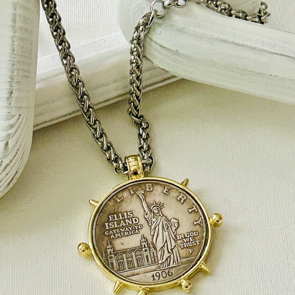 Gold and Silver Statue of Liberty Replica Coin Pendant Necklace